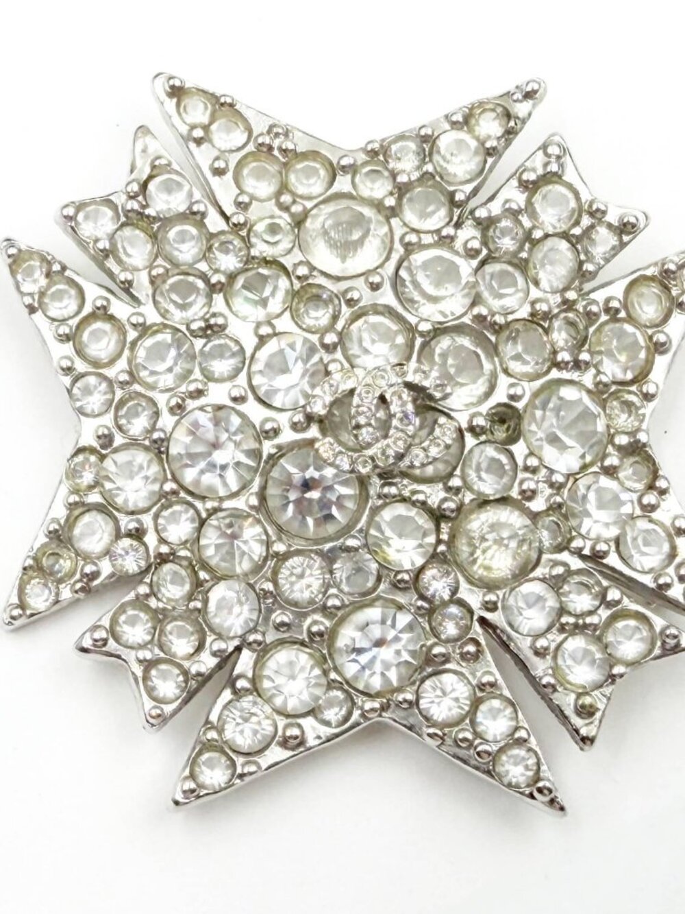 Chanel Silver CC Star Round Crystal Large Brooch